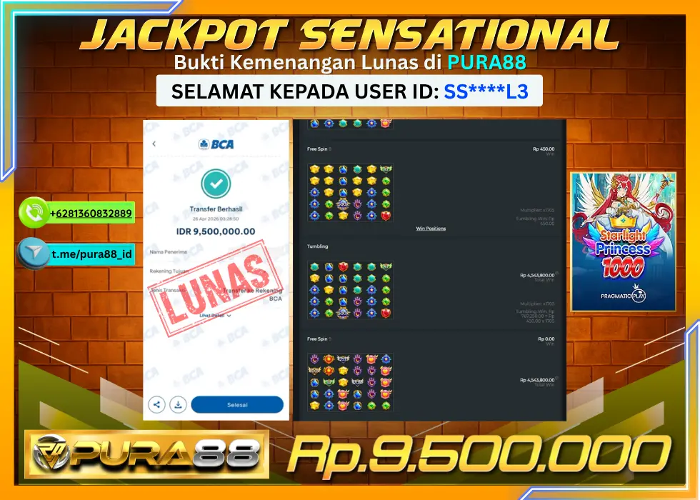 PURA88 JACKPOT STARLIGHT PRINCESS 1000 Rp 9.500.000,- LUNAS